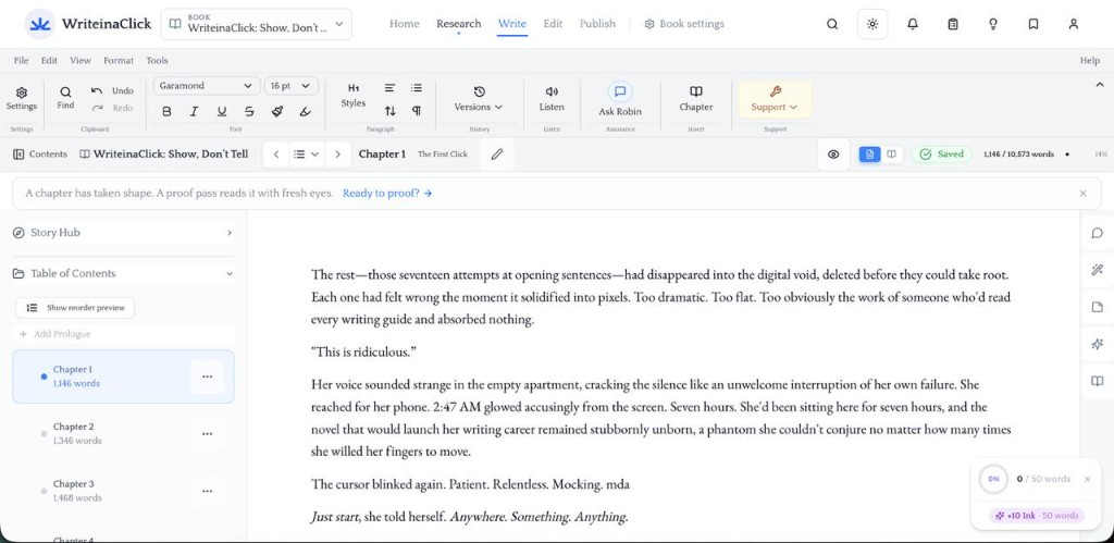 Write in a Click manuscript editor, showing a chapter open in the focused writing view alongside the Story Hub for characters, places, and chapter notes